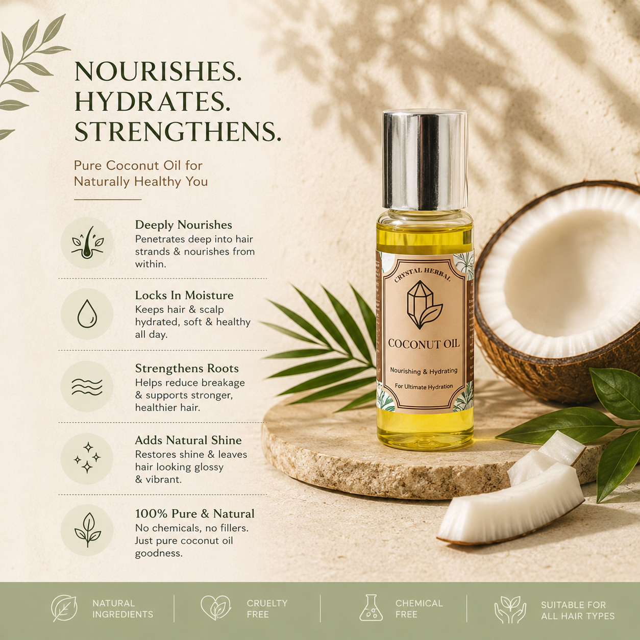 Crystal Herbal Pure Coconut Oil (60ml) | Natural Hair & Skin Care Oil